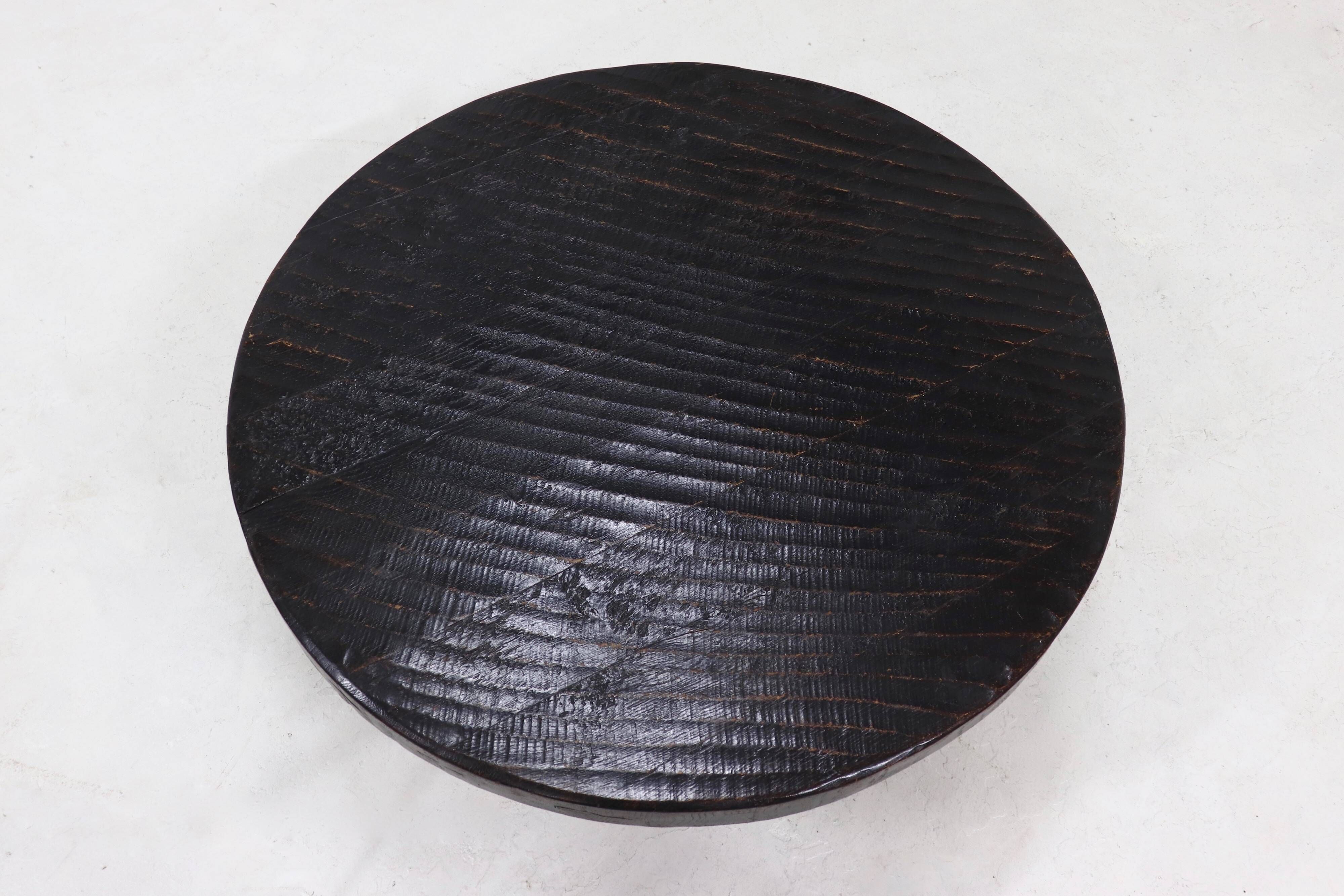 Brutalist Solid Stained Oak Round Tripod Coffee Table 1970s
