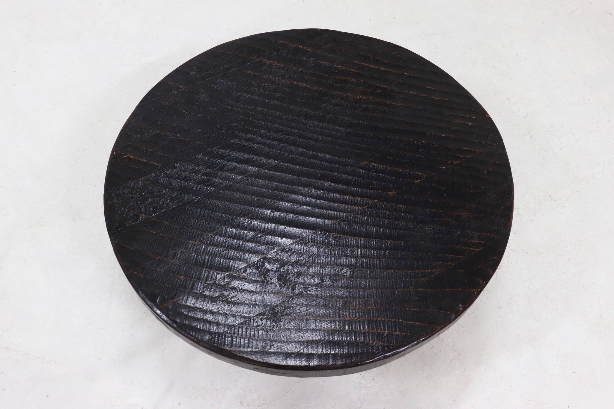 Brutalist Solid Stained Oak Round Tripod Coffee Table 1970s