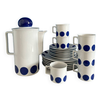 Vintage 1970 Bavaria Coffee Set - Coffee Cup and Saucer - Dessert Plates - Vintage Seventies Blue Polka Dot Coffee Pot