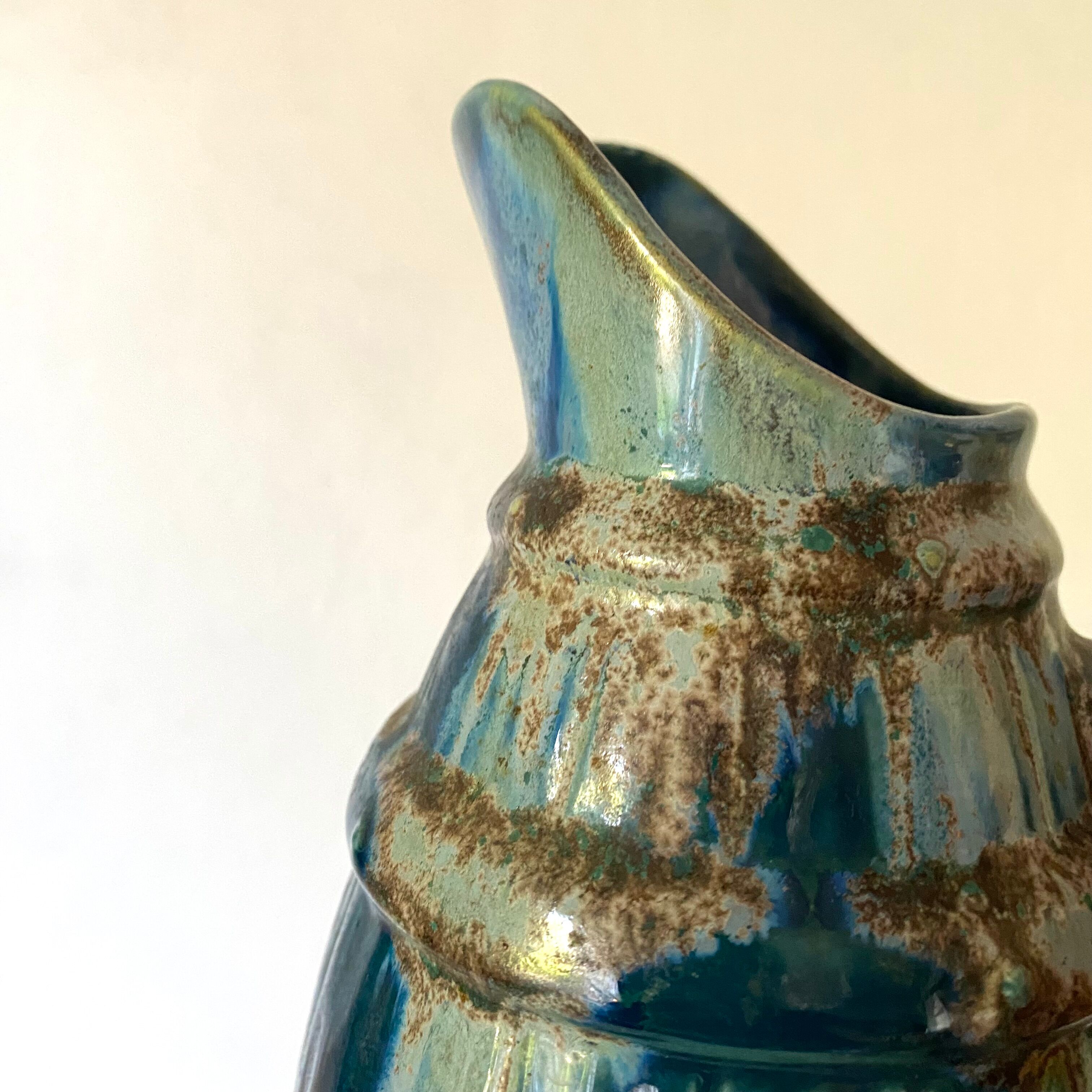 Blue barrel ceramic pitcher