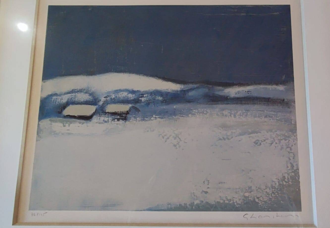 Large painting by Georges Hanskens representing a snowy landscape. Supervision by Roland Vonesch