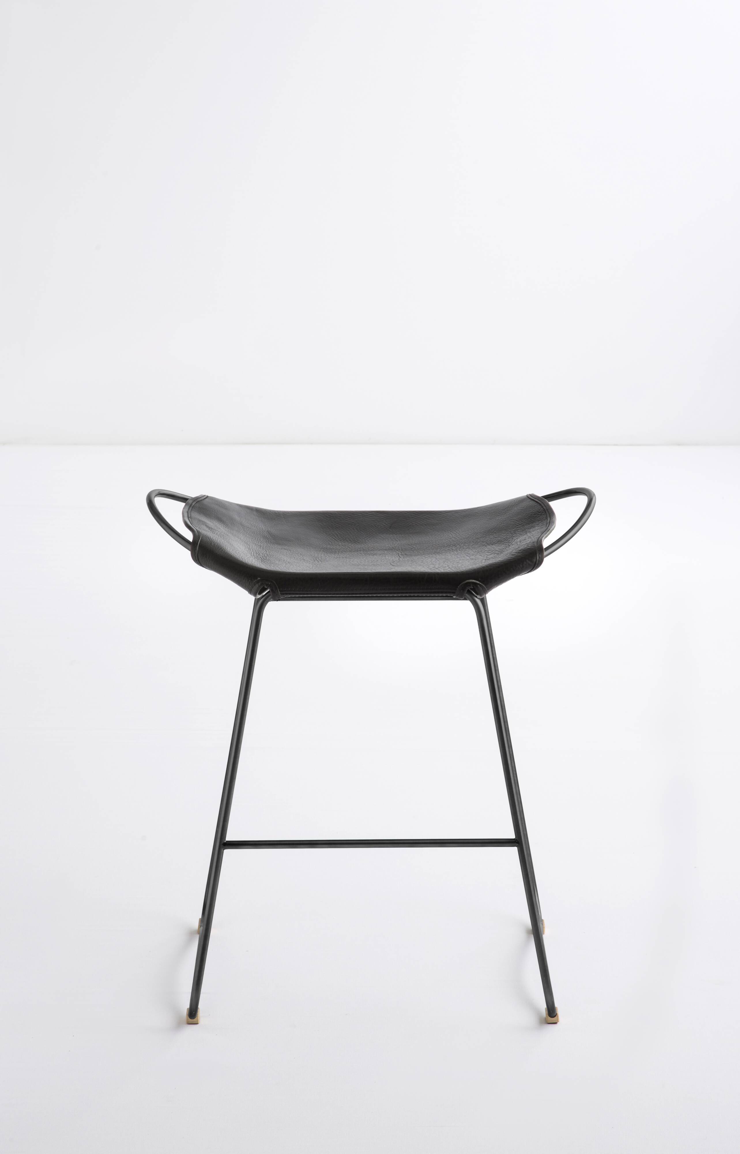 Contemporary Kitchen Counter Bar Stool Black Smoke Steel & Black Leather