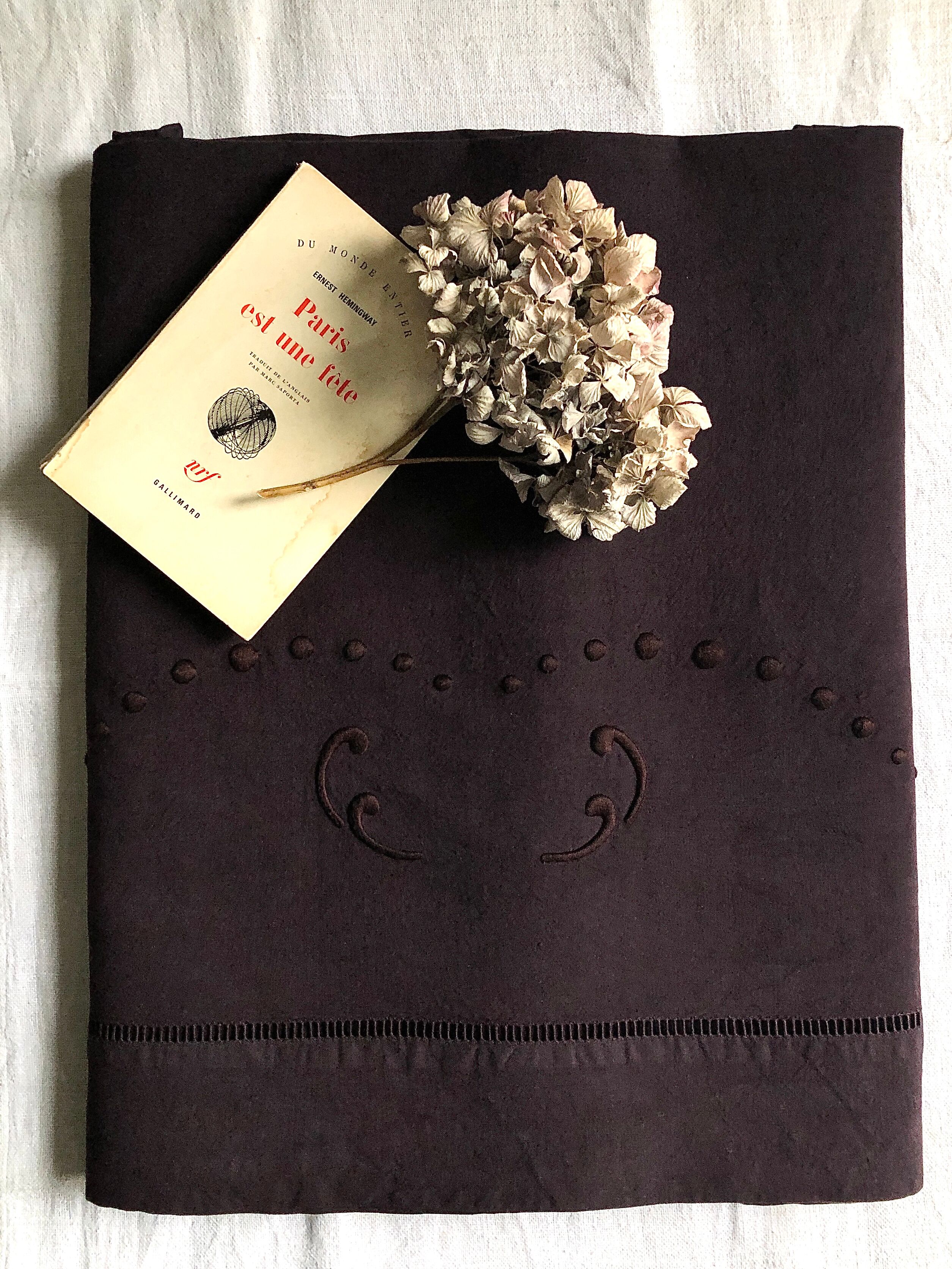 Old linen and cotton sheet tinted eggplant