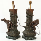 Pair of fisherman lamps art deco 1940 1940 vintage in metal & marble 30s 4
