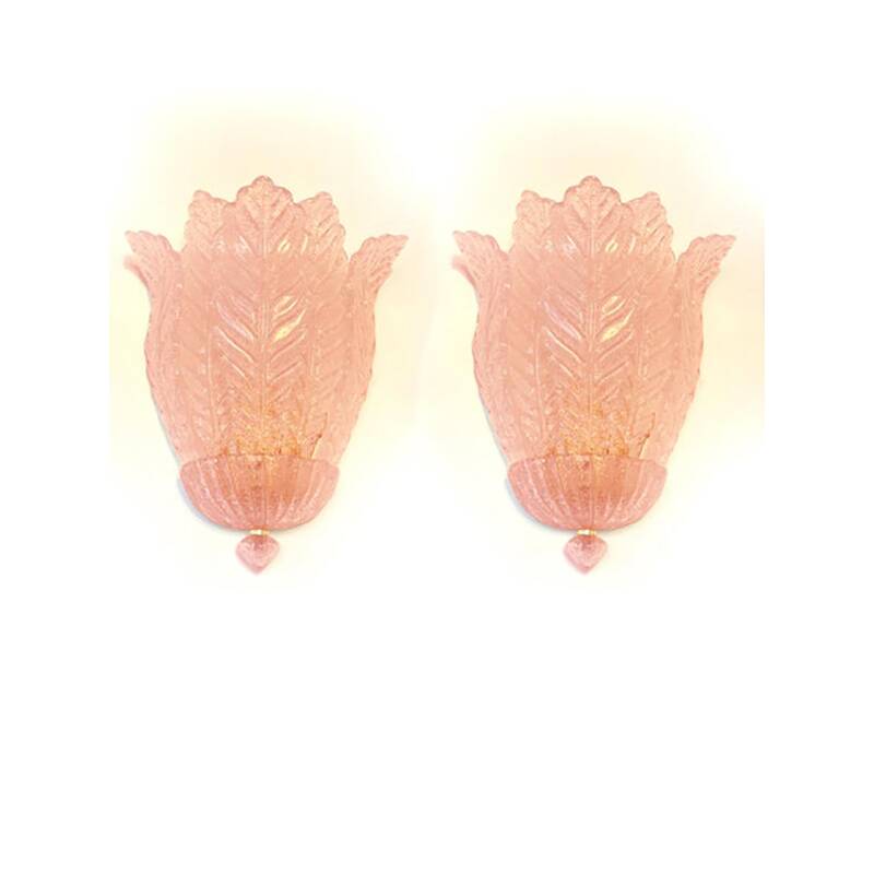 Contemporary Pink Murano Glass Leaf Wall Sconces - a Pair