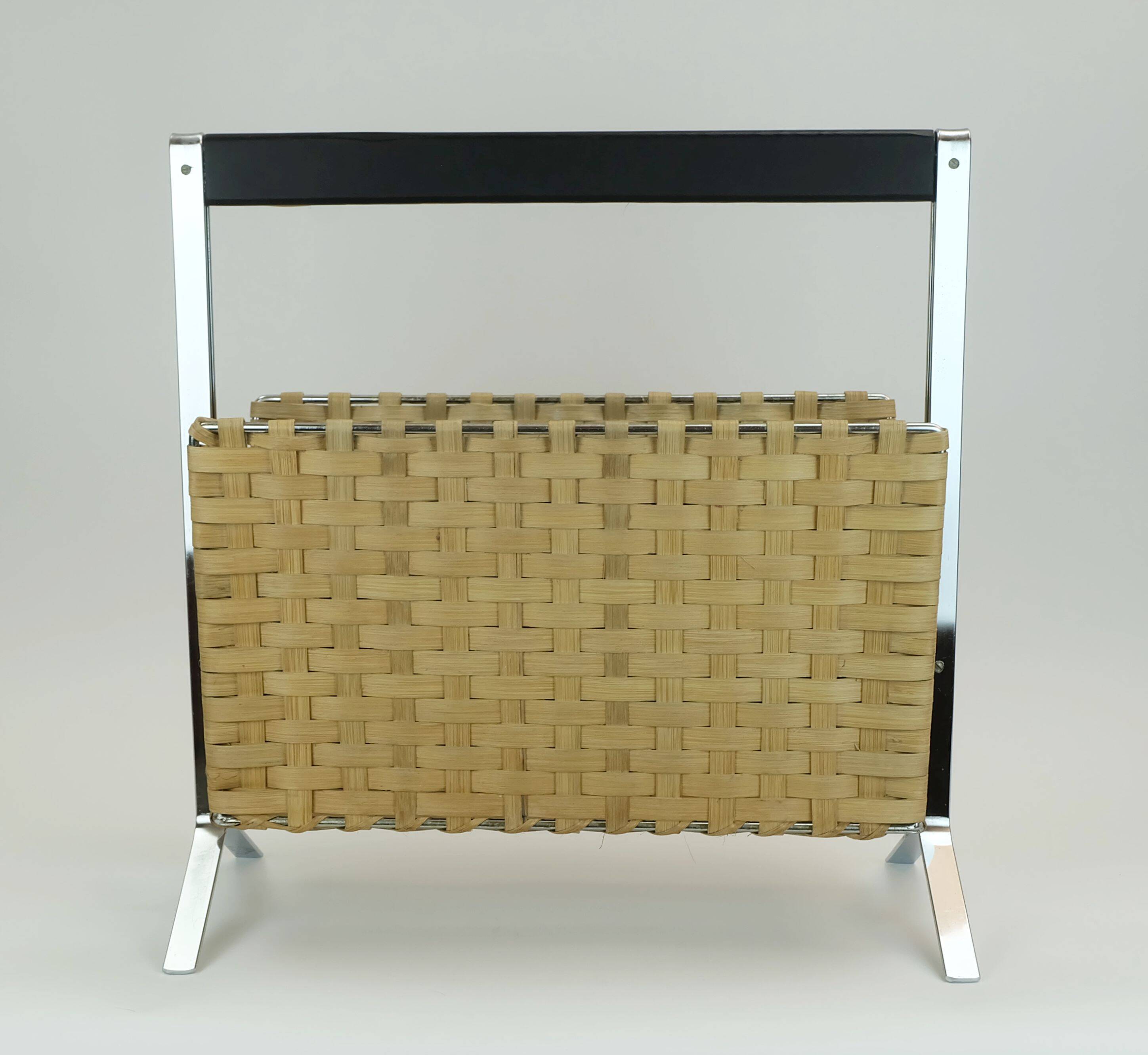 1970s vintage magazine rack newspaper holder chrome leather bamboo