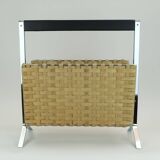 1970s vintage magazine rack newspaper holder chrome leather bamboo
