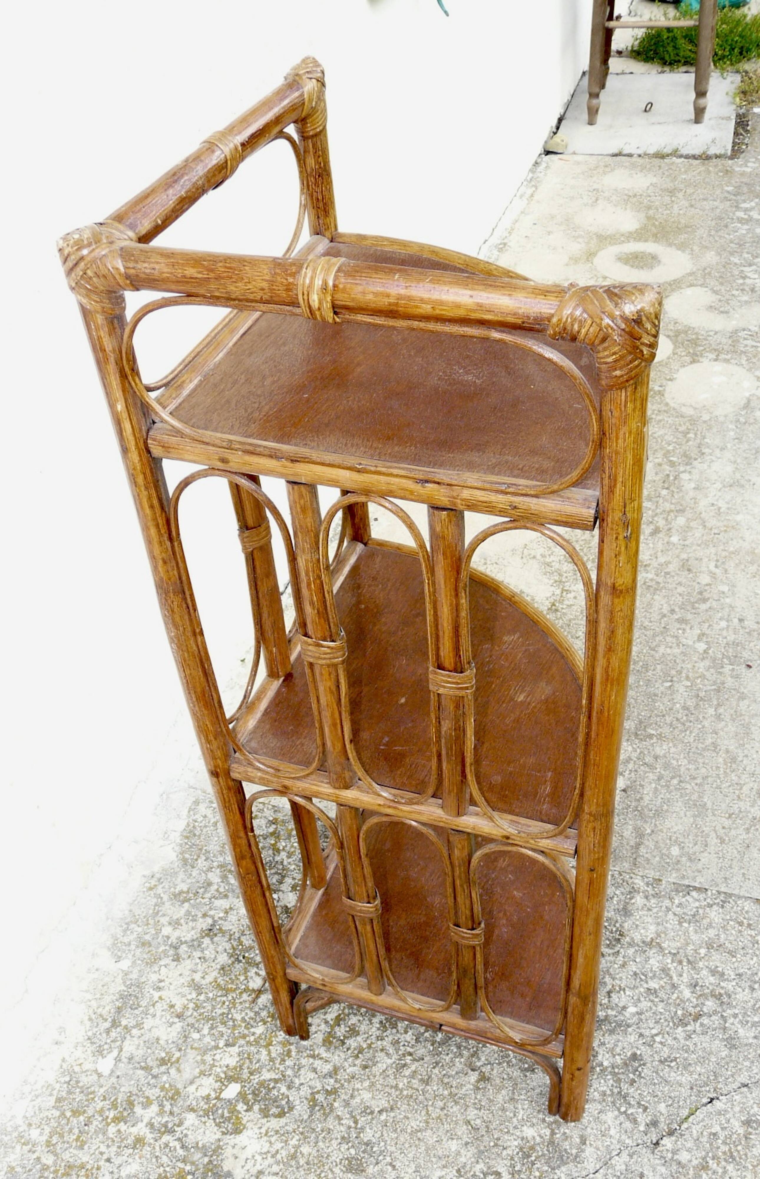 Vintage bamboo and rattan corner shelf 1970