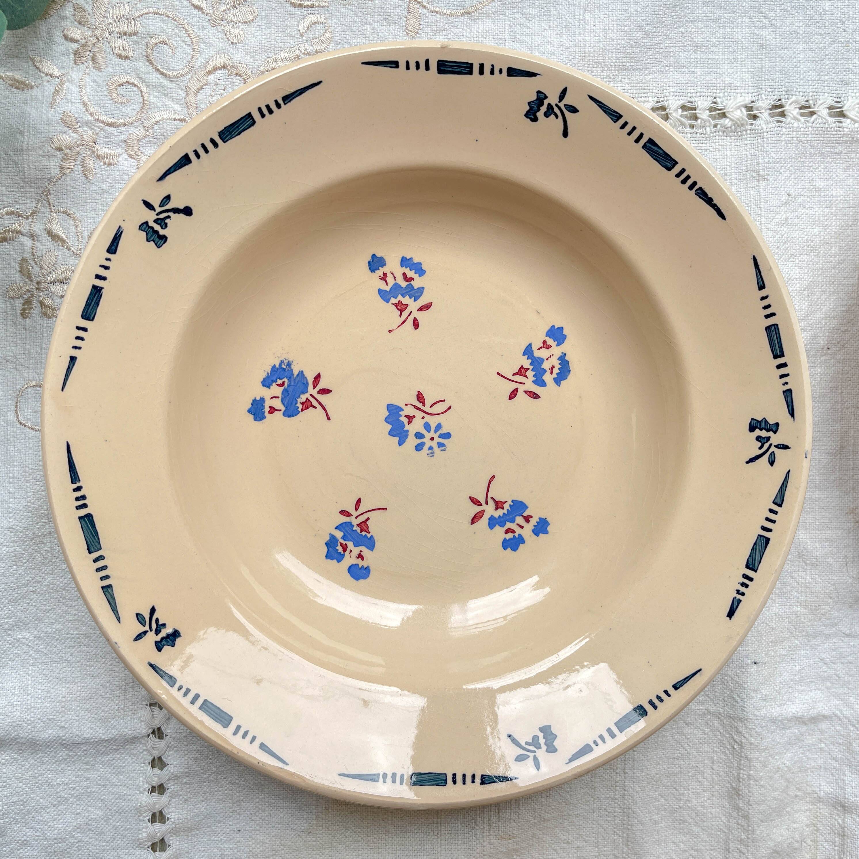 6 vintage K&G Luneville "Flore" porcelain soup plates, 1950s, small blue flowers