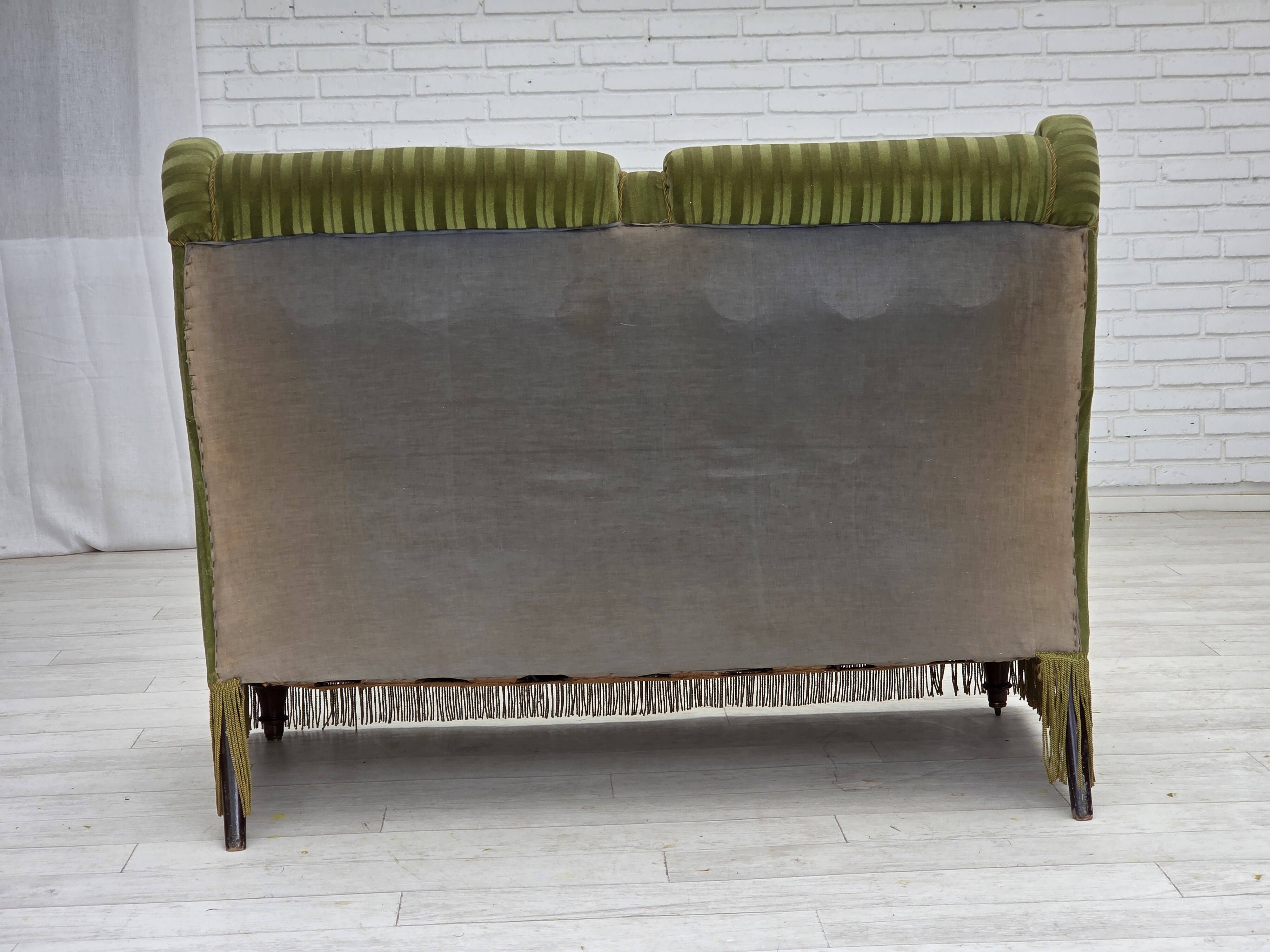 1950s, Danish 2-seater sofa, green furniture velour, beech wood.