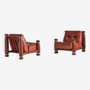 Paire de fauteuils en cuir et bois mid-century (1970s)