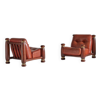 Paire de fauteuils en cuir et bois mid-century (1970s)