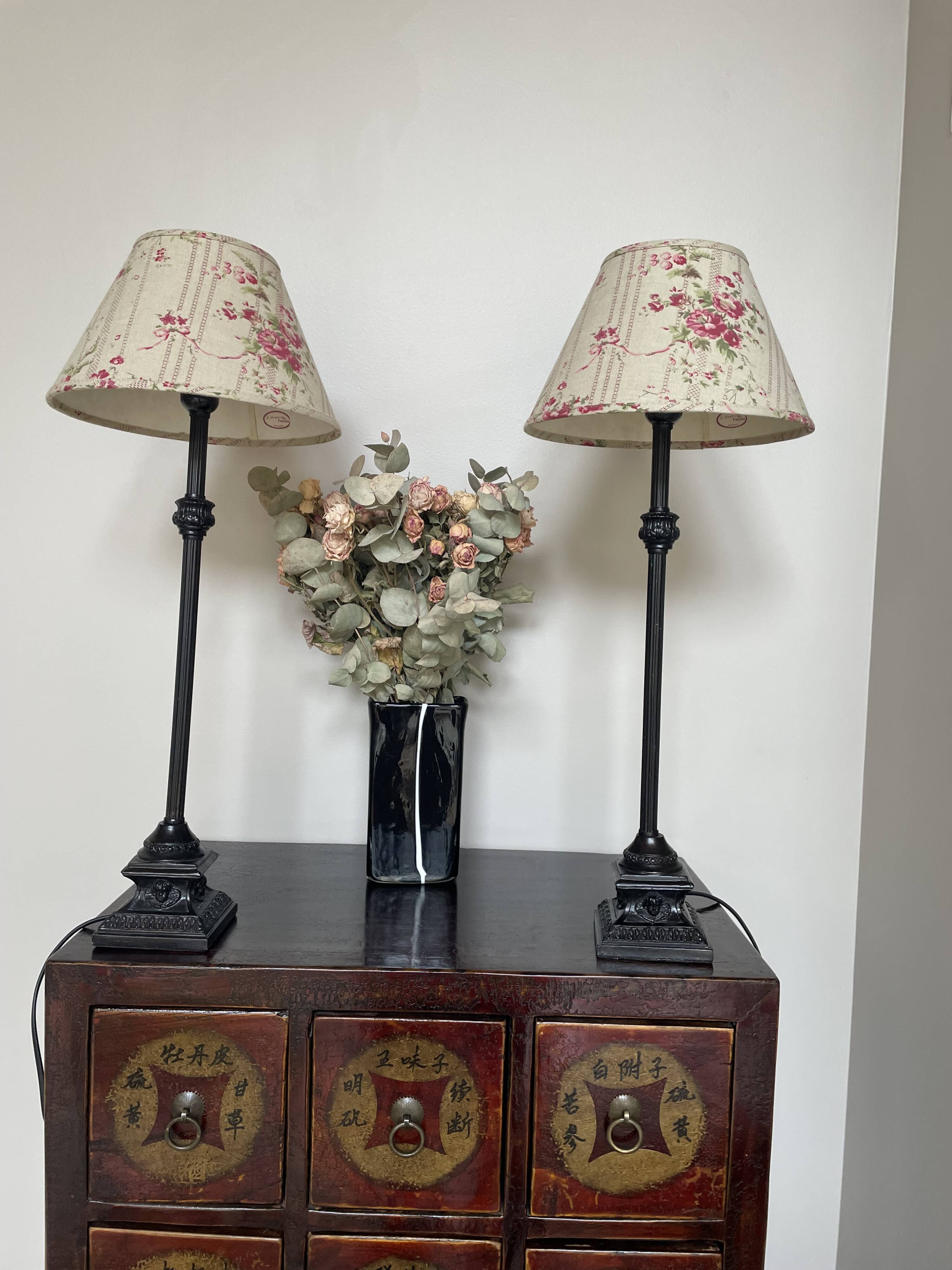 Pair of metal table lamps and shabby chic lampshade