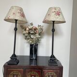 Pair of metal table lamps and shabby chic lampshade