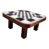 Table basse scandinave bois et céramique à damier 1960 vintage