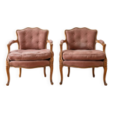 Pair of antique Louis XV armchairs in wood and pink fabric.