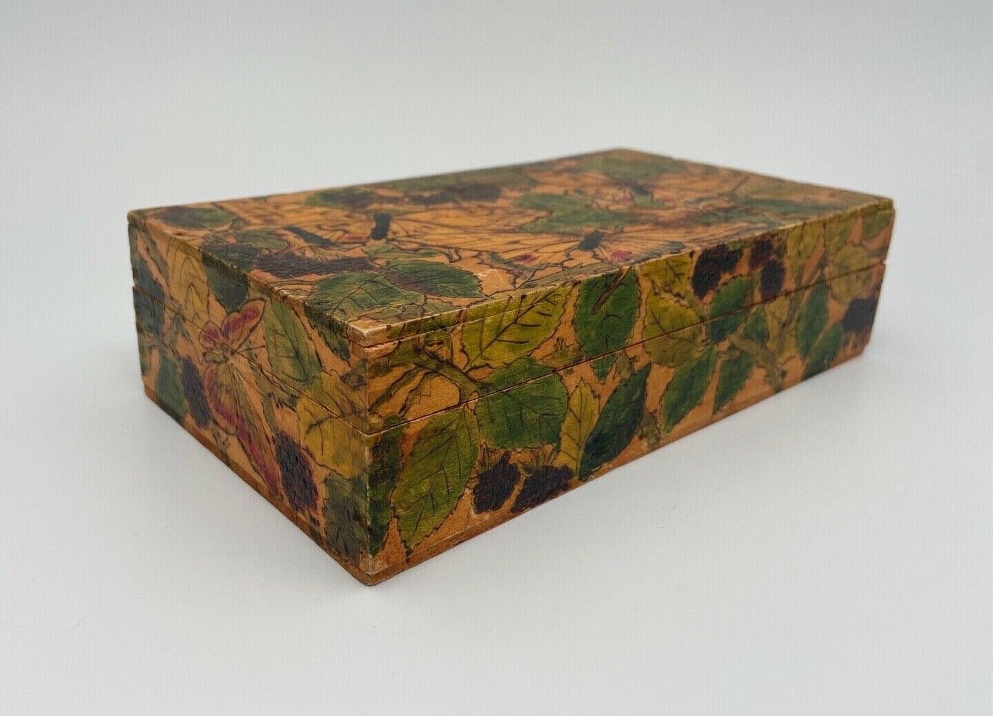 Grave box 1900 pyrogravure with butterfly decoration bunch of grapes