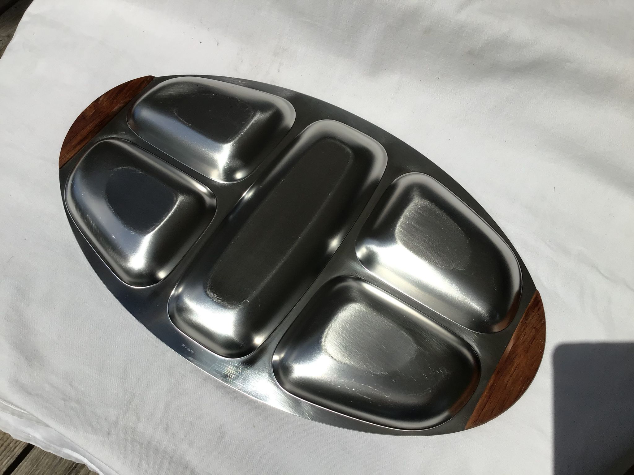 Stainless steel and teak compartmented tray