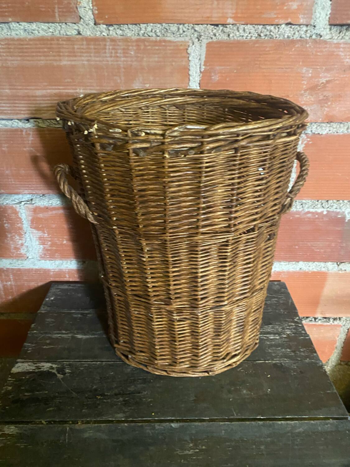 Old Basket Paniette Woven Willow with Handles Vintage Linen #D575