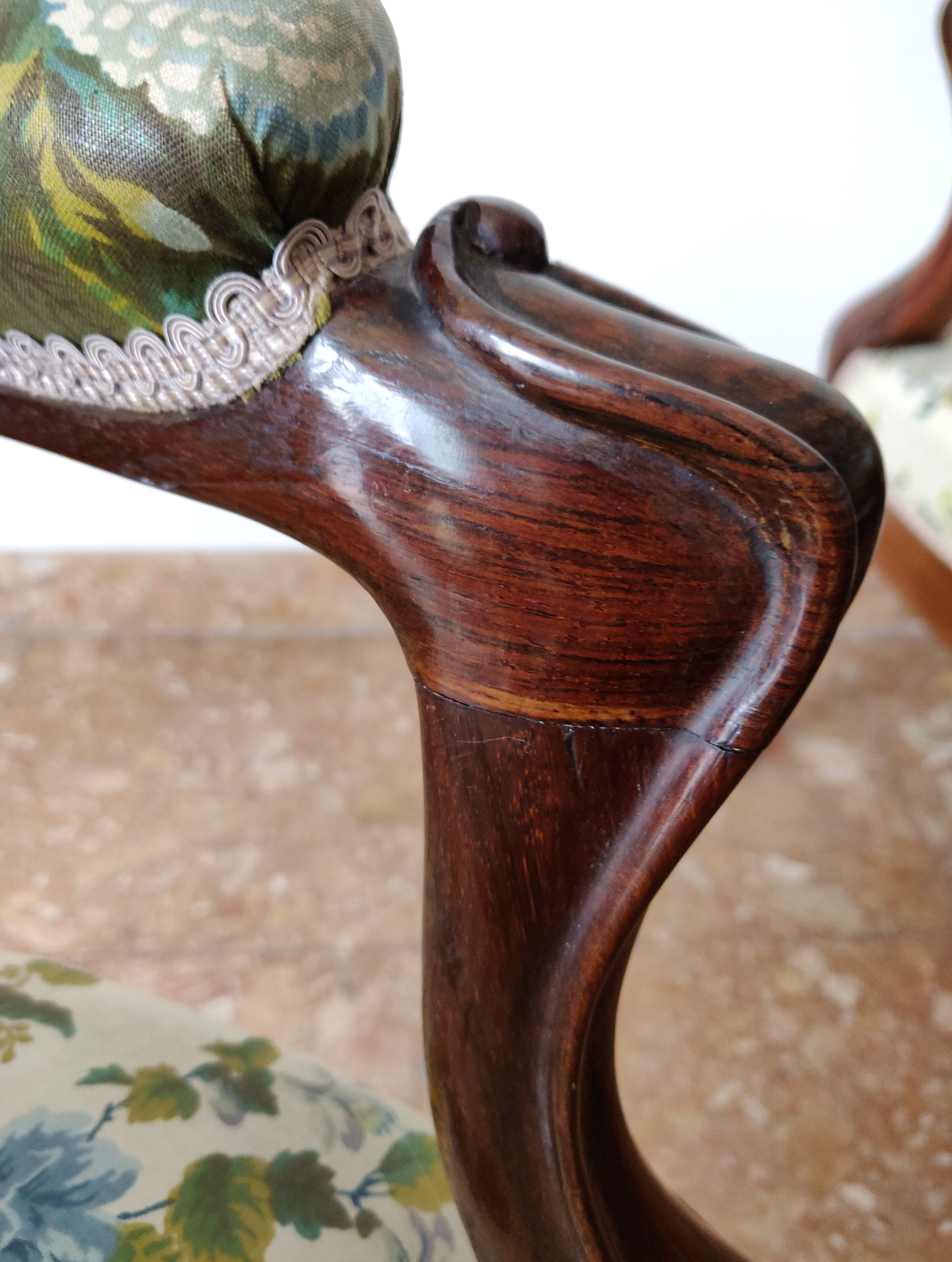 Pair armchairs Louis Philippe solid floral mahogany