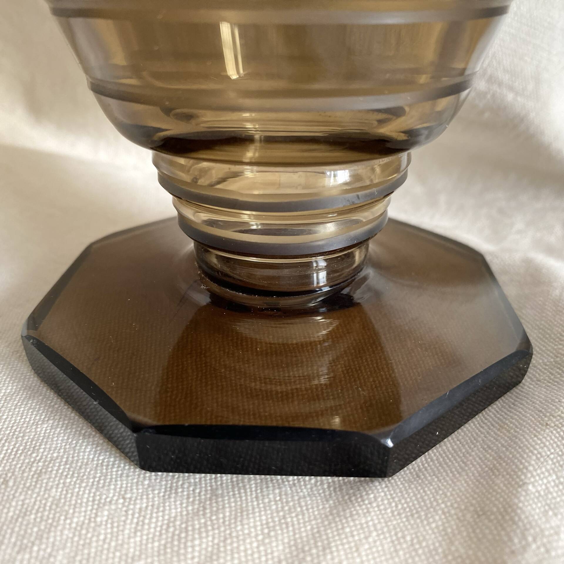 Art Deco smoked glass carafe with fan-shaped stopper.