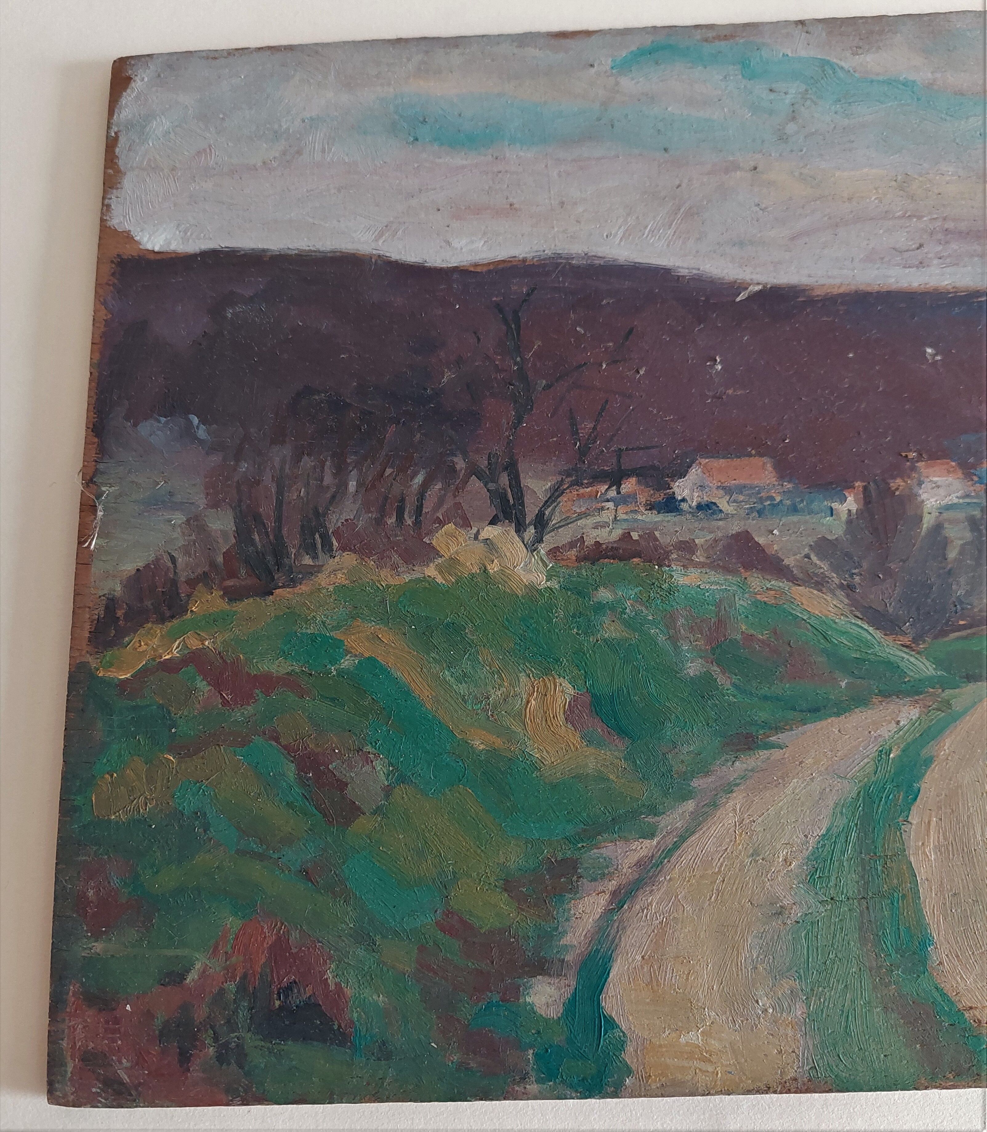 Painting oil on landscape panel early twentieth century