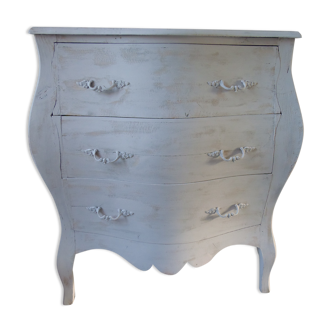 Commode galbée patinée gris perle, plateau gris perle protégé par un vernis acrylique