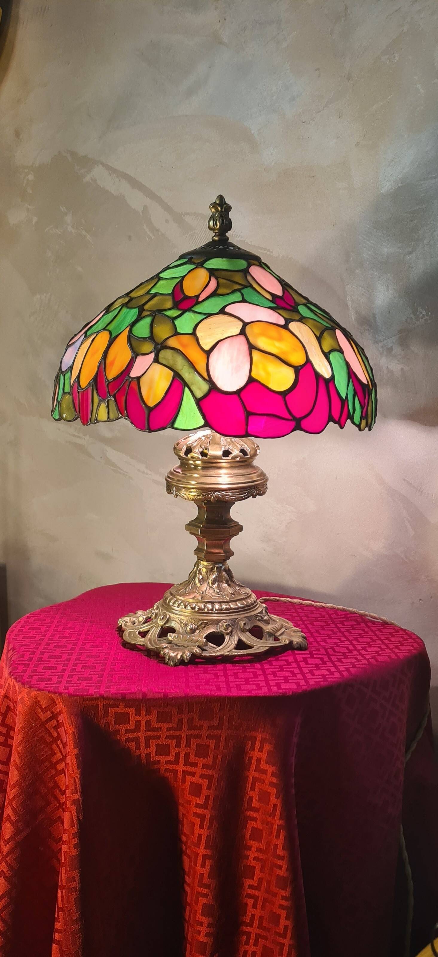antique bronze lamp and stained glass shade