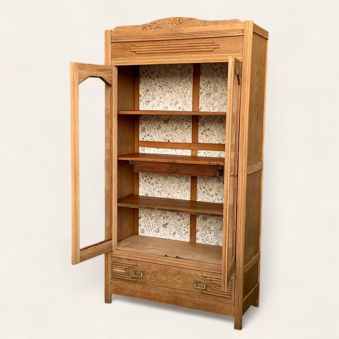 Parisian art deco glass cabinet in raw wood