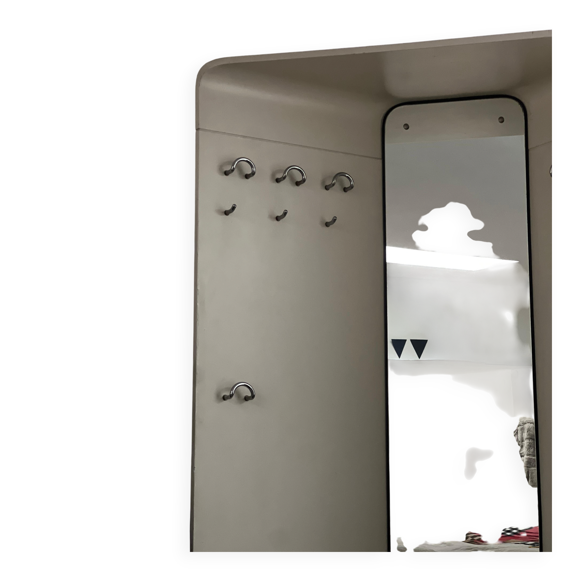 1960s Mid-Century Modern White Wood Corner Coat Hanger with Mirror