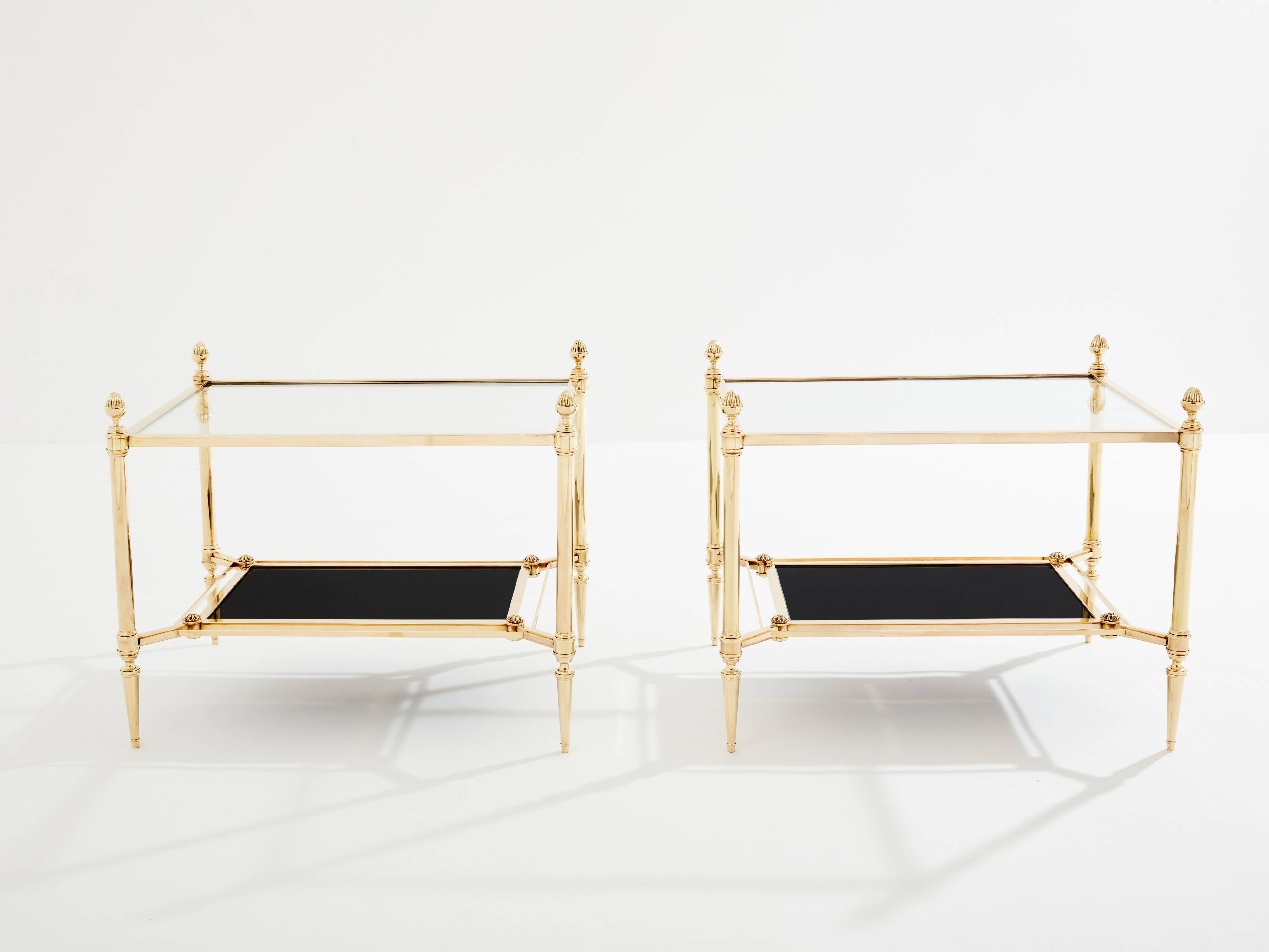 Maison Jansen style pair of brass opaline glass side tables 1970