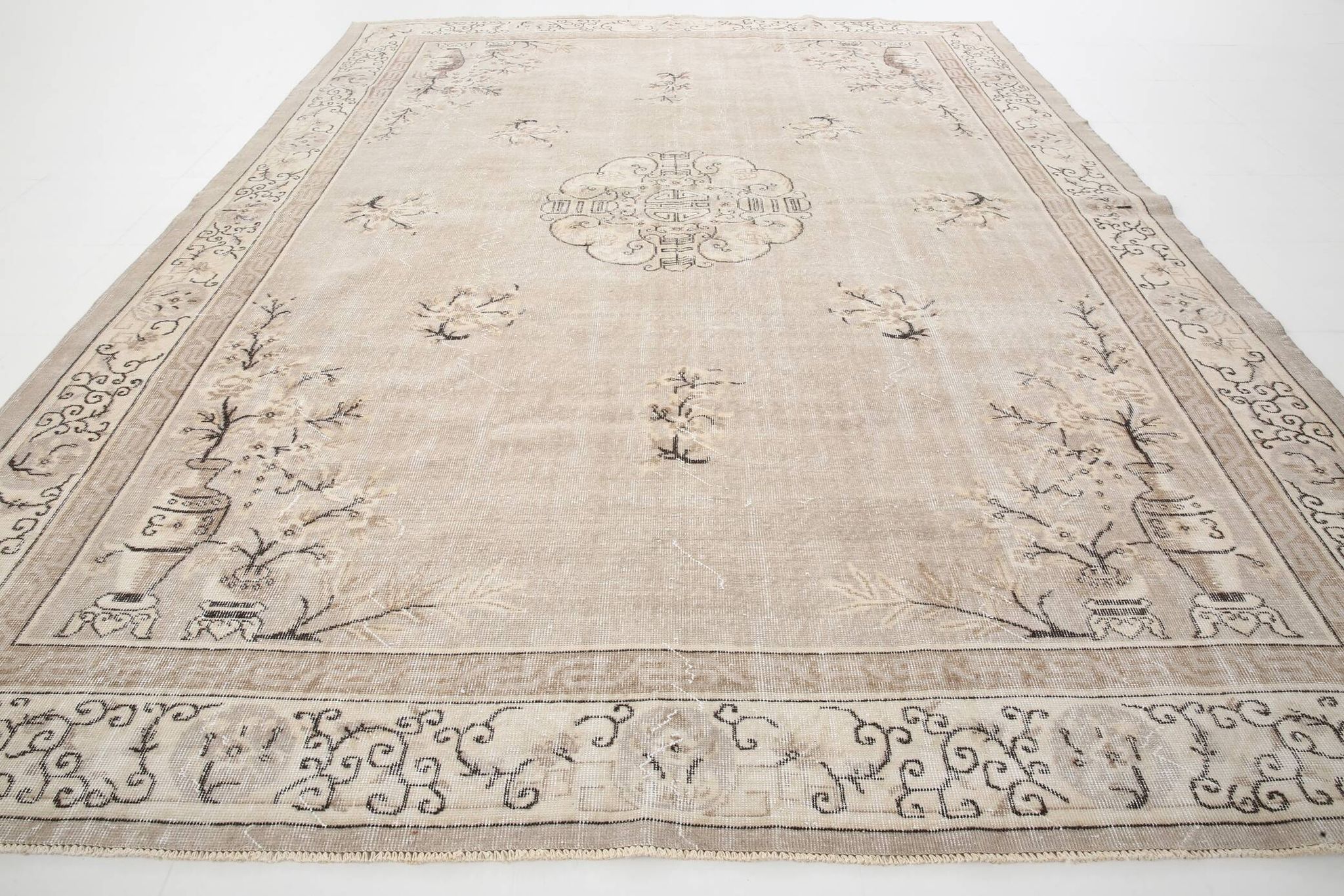 Grand Tapis Oriental Vintage Beige, Tapis Chinois Ancien, 260x342 Cm