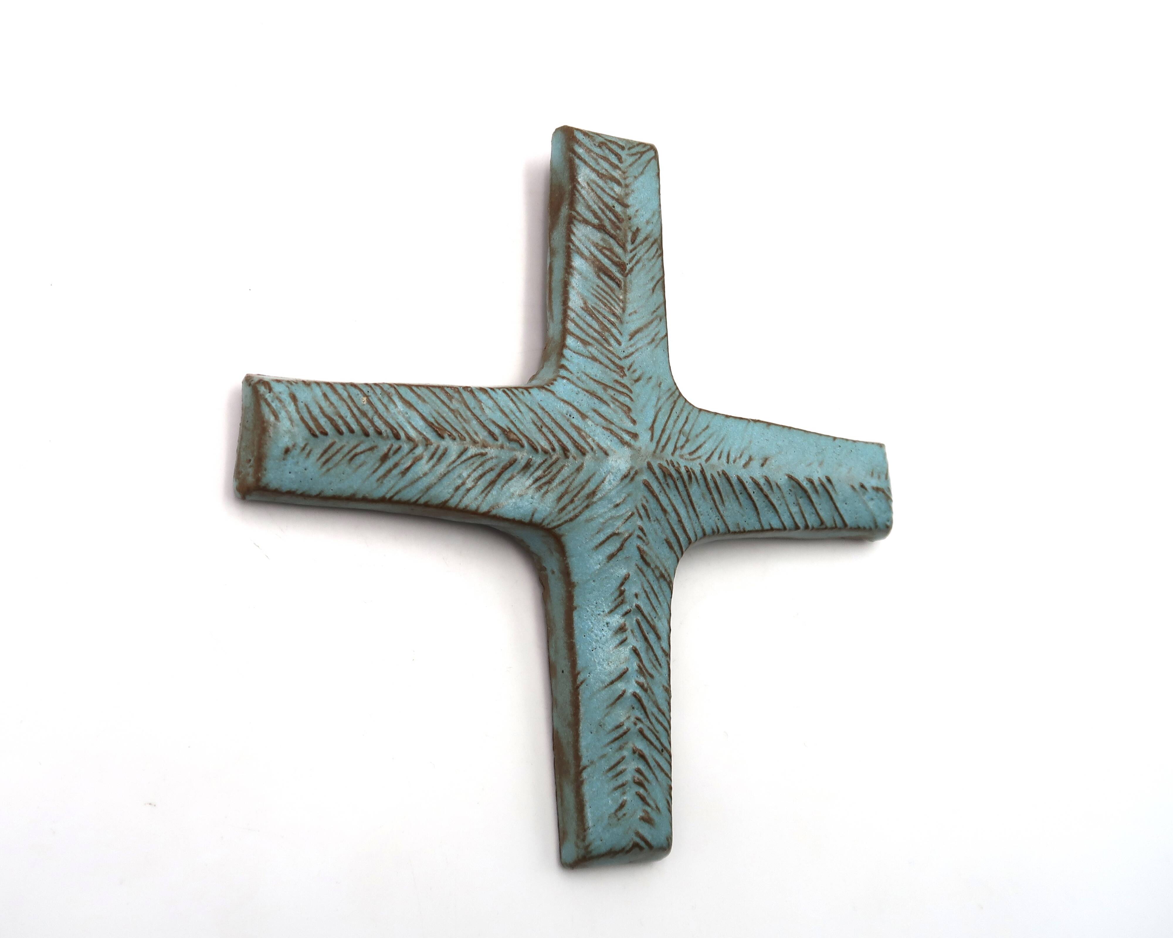 Pale blue ceramic wall cross signed Amphora, 1970s.