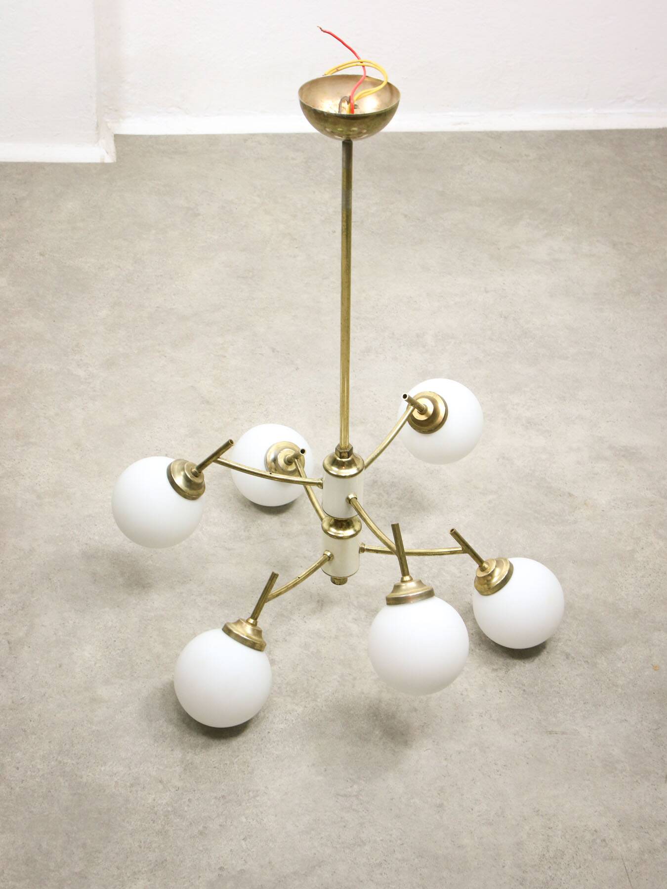 Mid-century Italian Brass and Opaline Chandelier, 50s