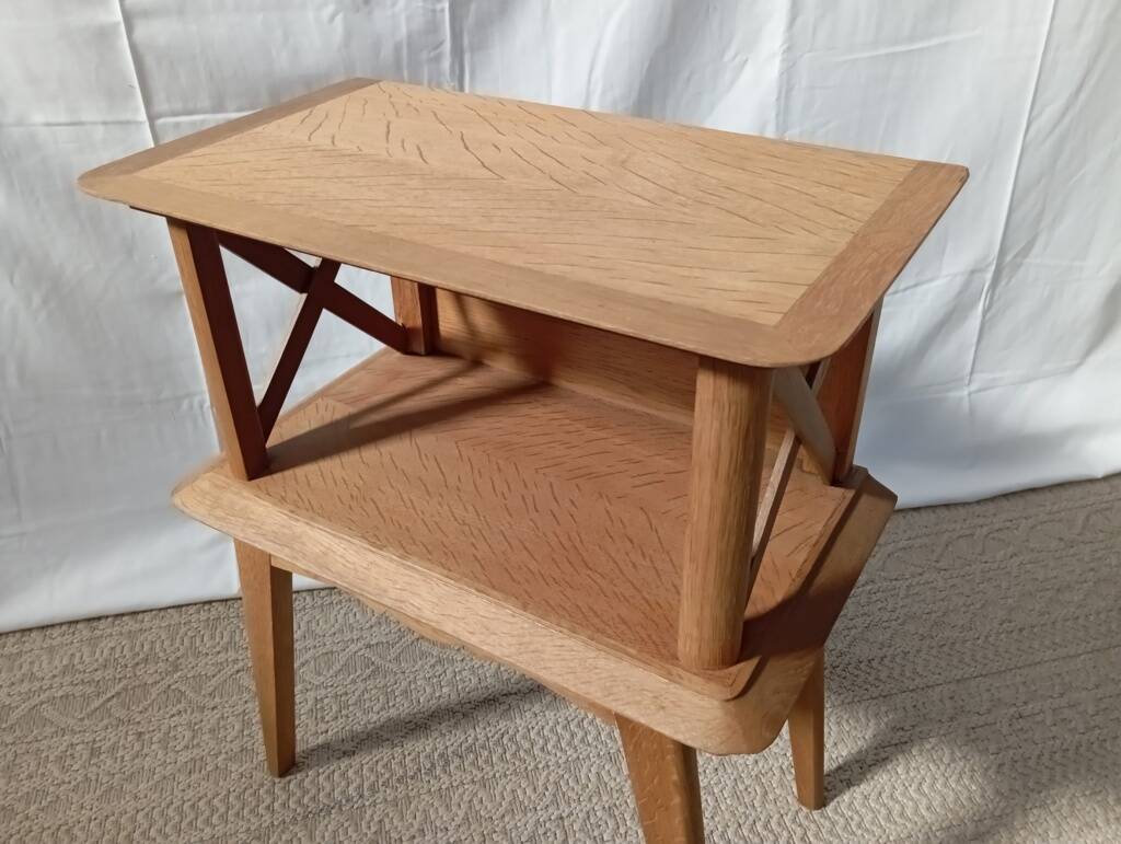 1950s oak bedside table with crossbars