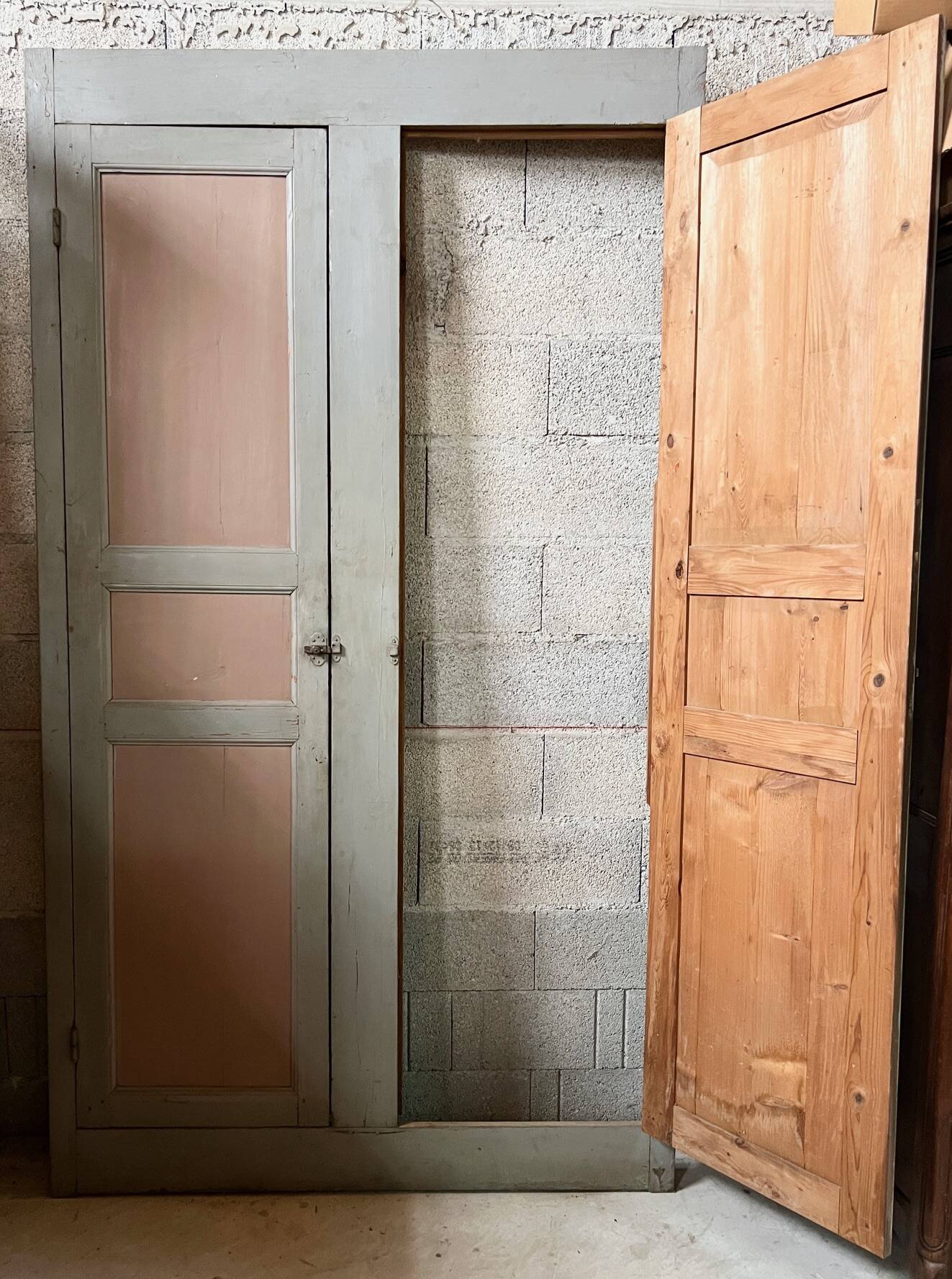 Late 19th century cupboard front, double doors + painted fir frame