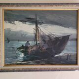 Oil on canvas "the return of fishing" by ludovic