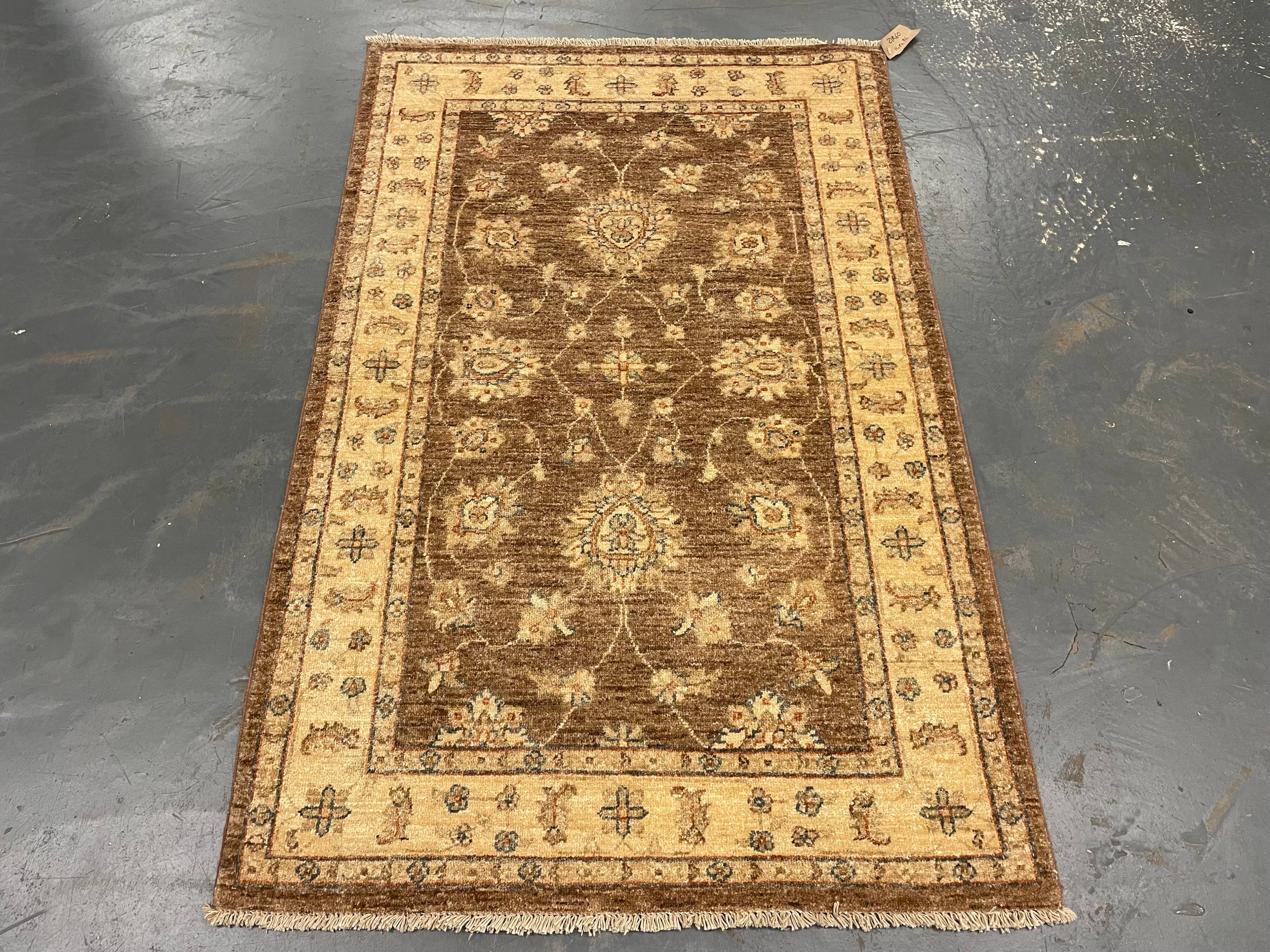 Brown Wool Rug, Handmade Floral Ziegler Carpet 148x96cm Oriental Decor