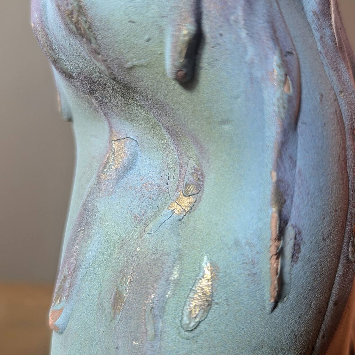 Brutalist jug numbered 52 in turquoise and blue painted terracotta