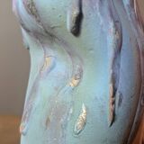 Brutalist jug numbered 52 in turquoise and blue painted terracotta