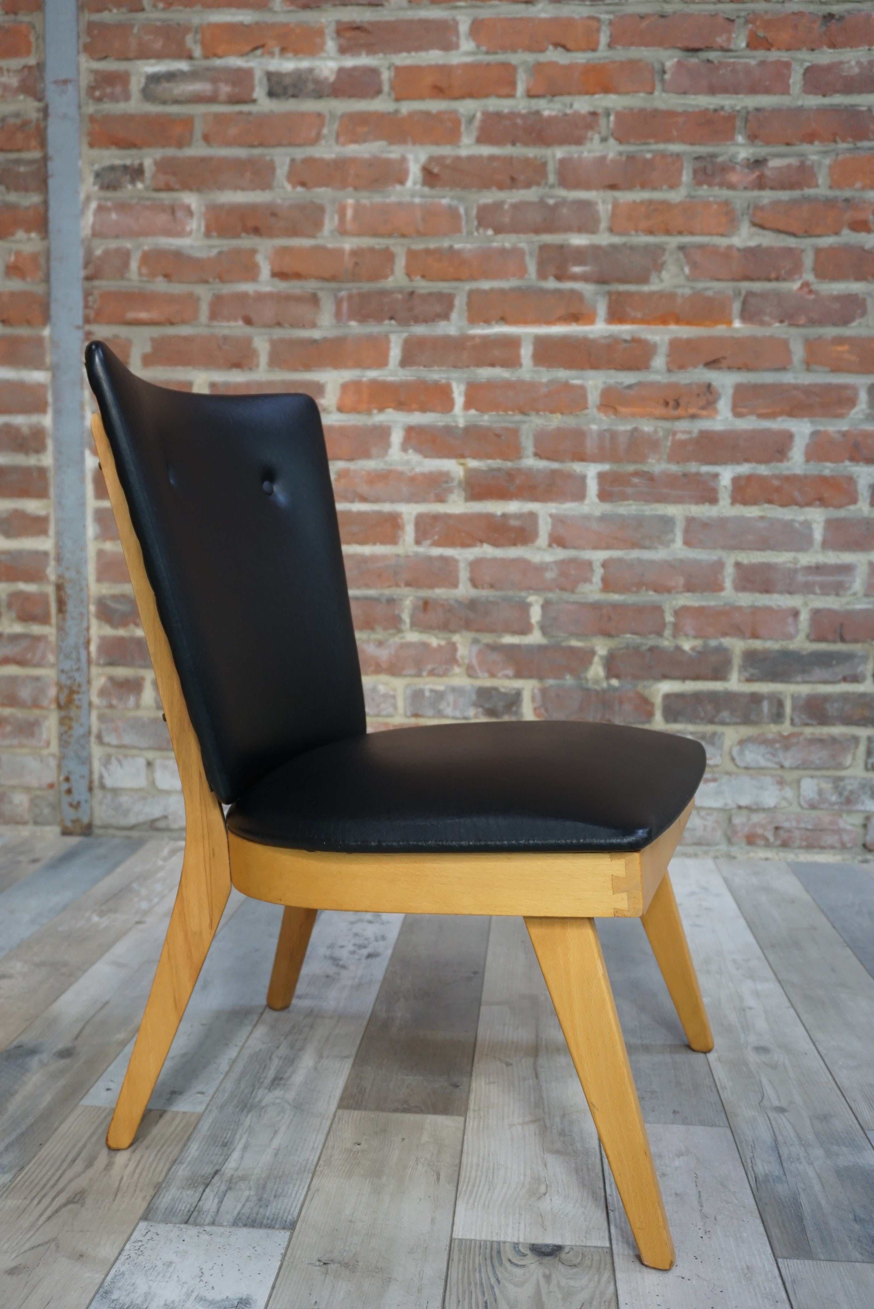 Chair 50 years in wood and faux black leather cocktail