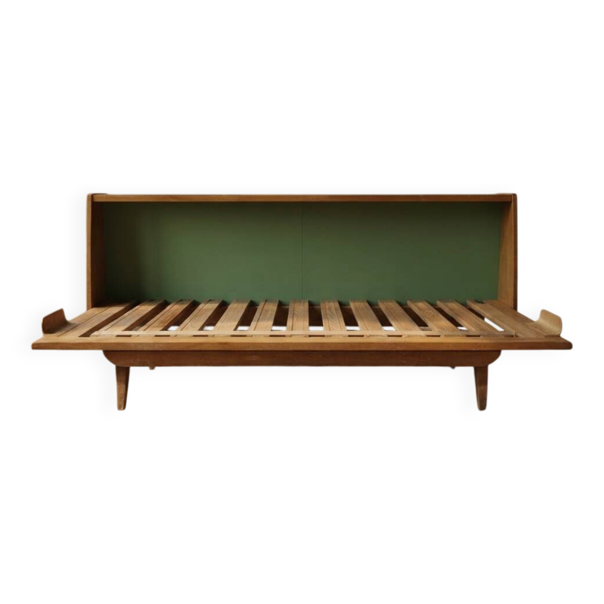 Mid-century wooden folding sofa bed frame, extendable daybed, Czechoslovakia, 190 × 151 × 77 cm