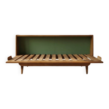 Cadre de lit escamotable en bois des années 50, lit de jour extensible, Tchécoslovaquie, 190 × 151 × 77 cm