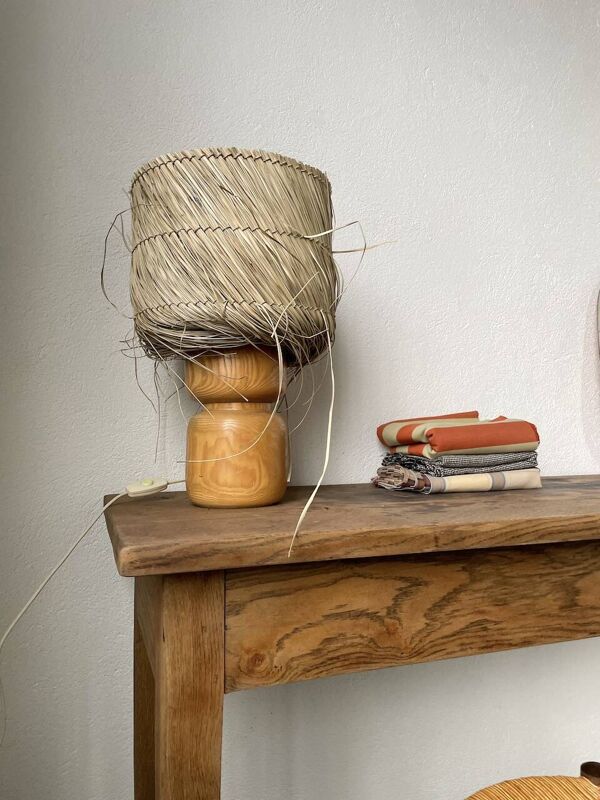 Lampe années 50 bois et paille