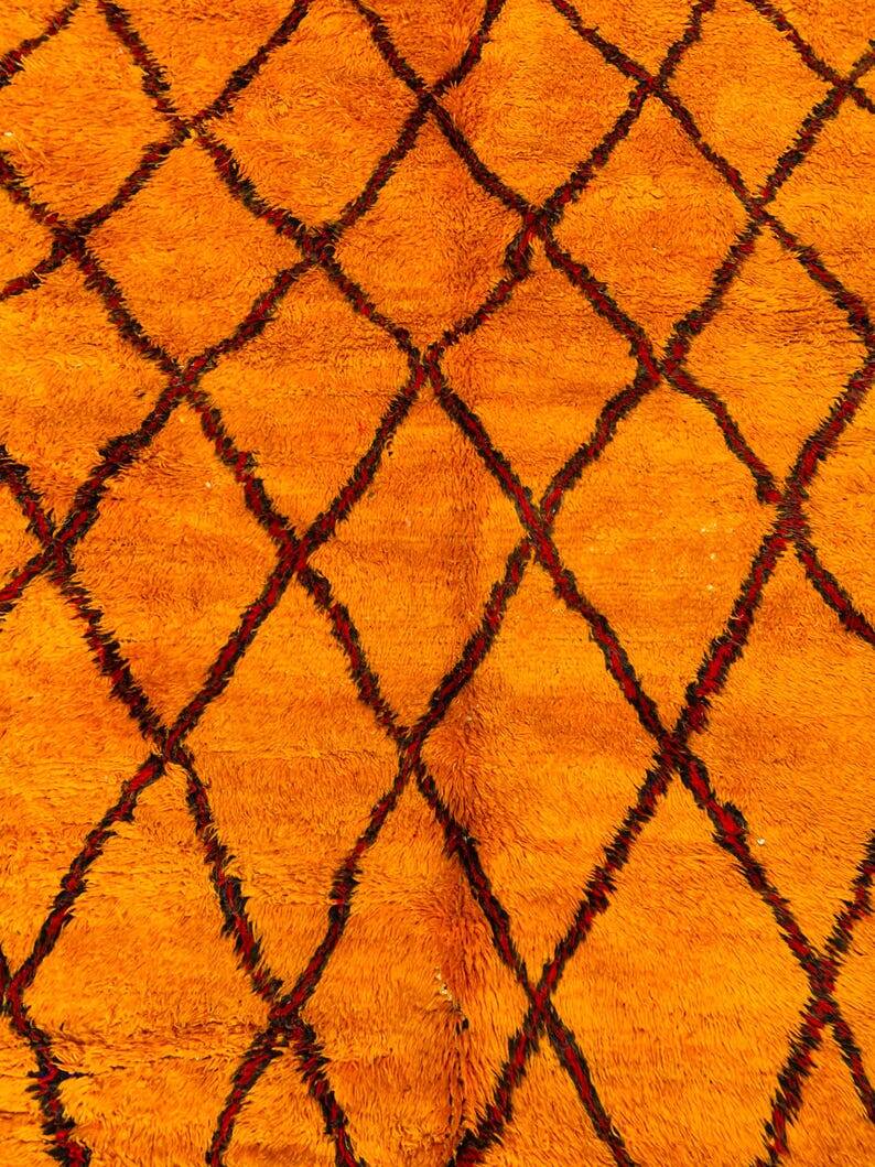 Beni oren art rug, handmade moroccan rug, yellow black red rug, abstract yellow rug.