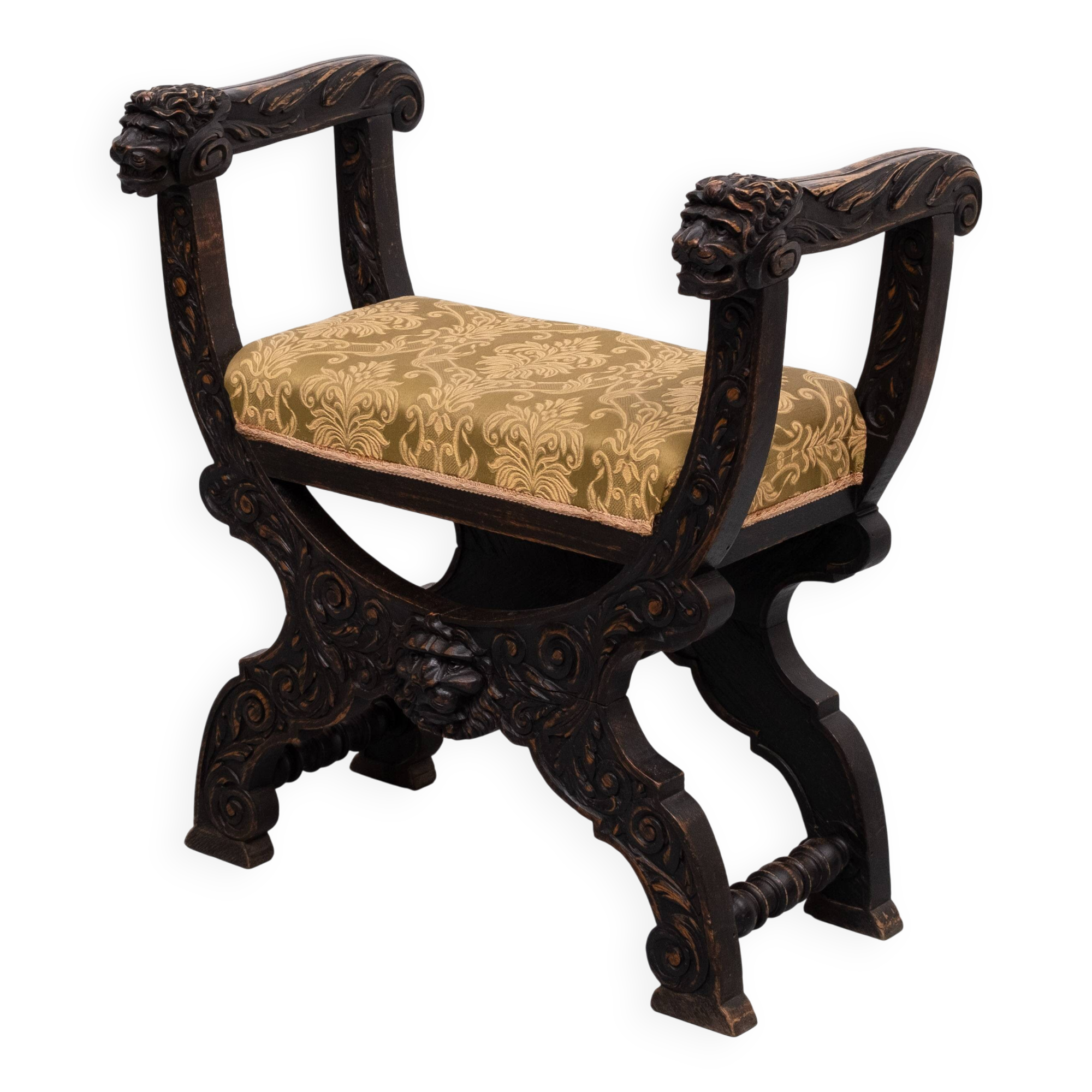 Tabouret victorien antique à décor de lions sculpté à la main, Hollande