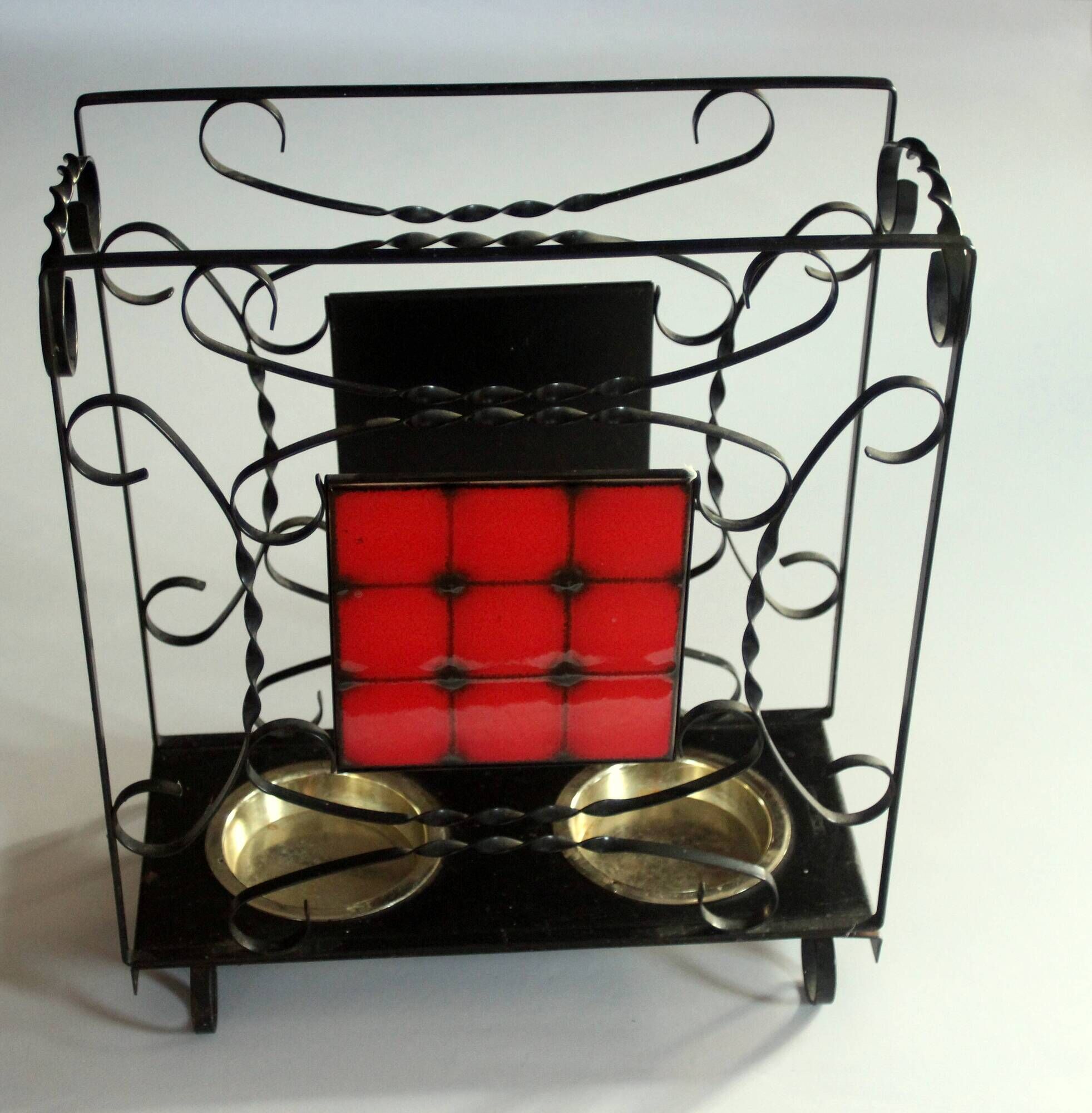 Handmade umbrella stand made of wrought iron, metal and ceramic, Vintage