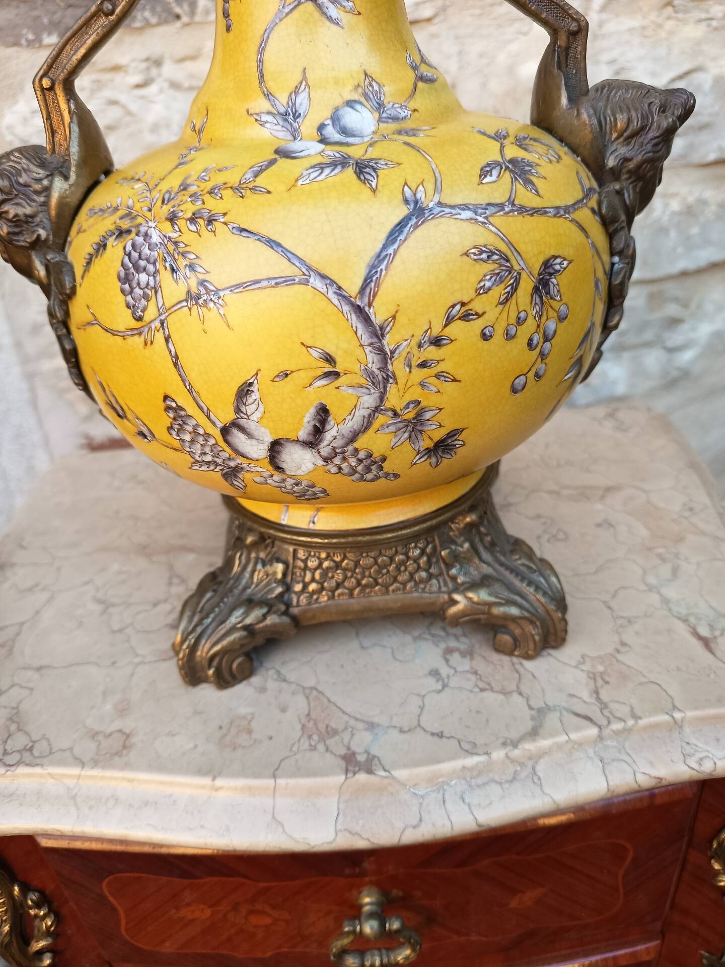 Large lamp base - 43 cm - yellow earthenware with polychrome glazes - 20th century