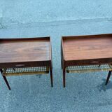 Modernist Danish teak bedside tables with rattan shelves, set of 2