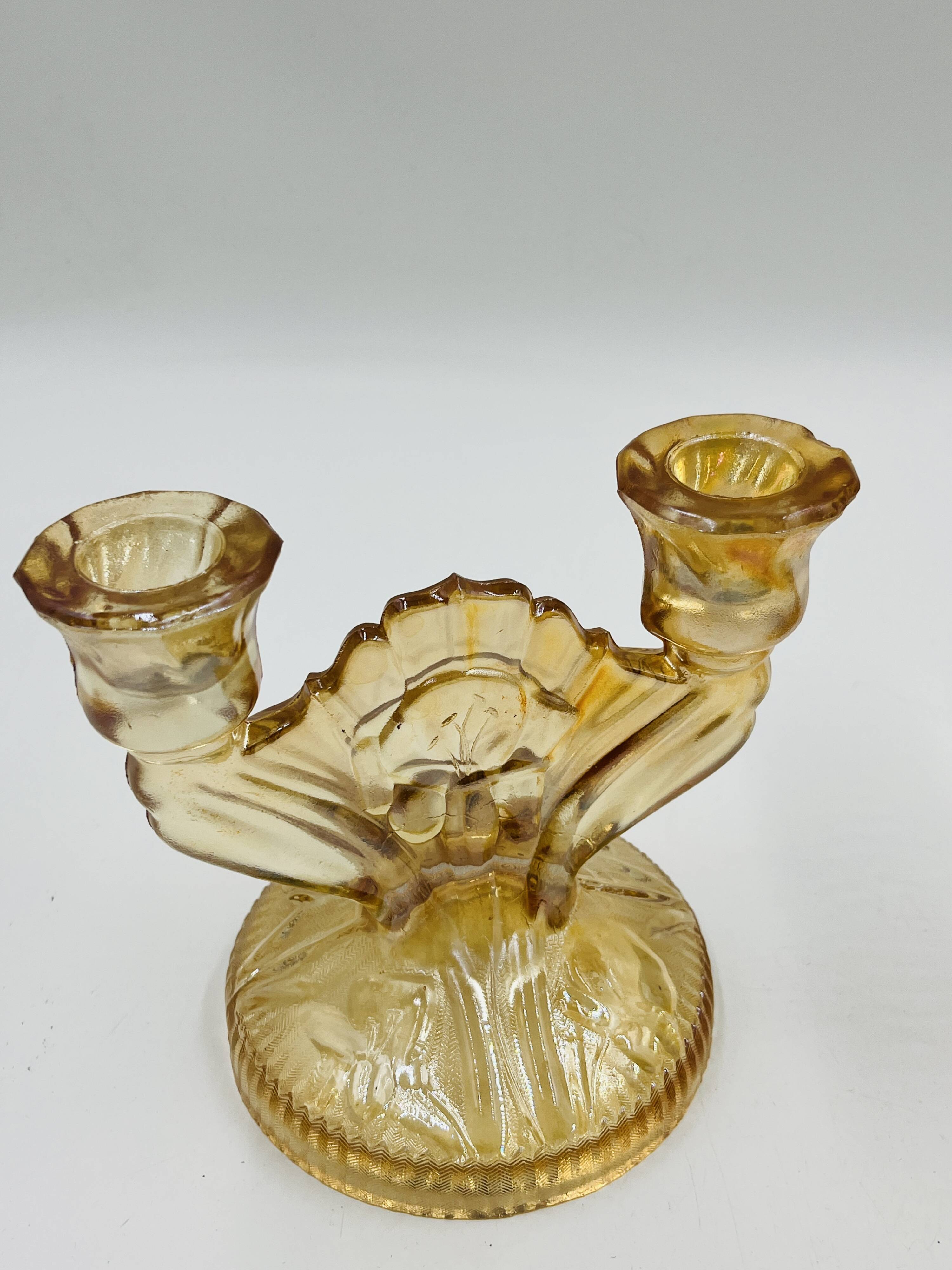 Pair of Empoli amber glass chandeliers in Art Deco style